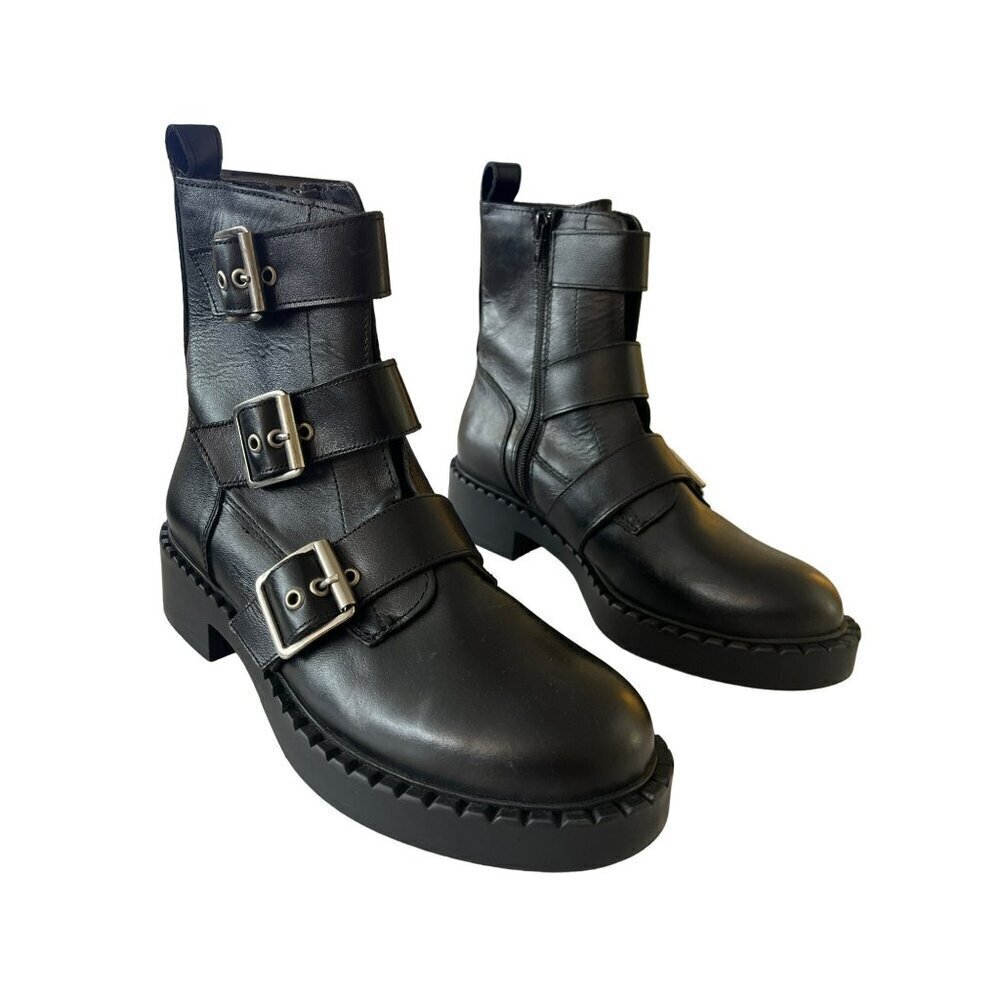 Steve Madden Black Leather 3 Buckle Combat Boots Size 9.5 NEW
